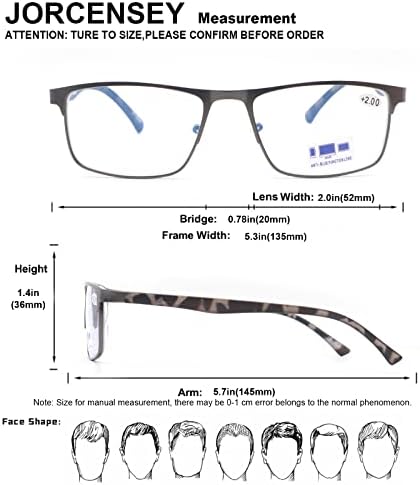 Jorcensey 3 пакувања за читање очила за мажи со сина светлина блокирајќи стилски читатели на метални рамки +1,50
