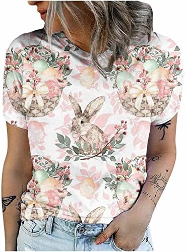 Симпатични летни врвови за жени јајце зајачко печатење маичка маица O-врат Краток ракав маичка Туника обична лабава блуза врв