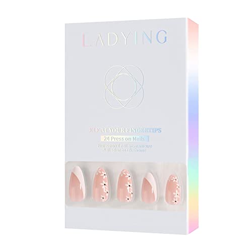 Дамаринг 24 парчиња бел бадем лажни нокти кратки, среден печат на нокти со цветни француски дизајни, лепете на нокти за жени, акрилни лажни