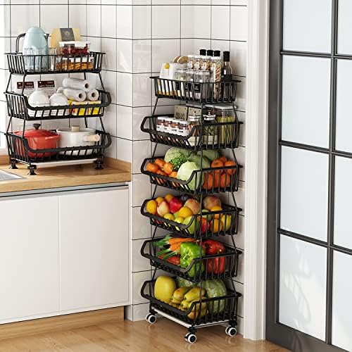 Овошна корпа за складирање на зеленчук со тркала кујна за складирање на кујната 6-ниво овошје зеленчук стабилен под подот, подвижен
