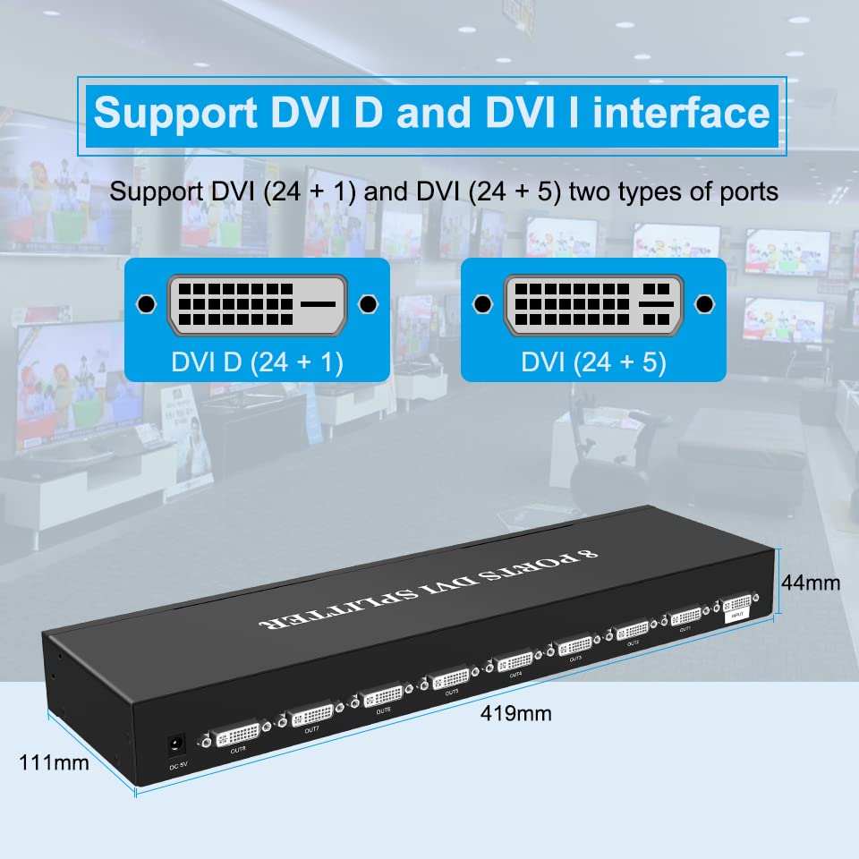 HDSUNWSTD DVI Сплитер 1X8 DVI 1 во 8 Надвор 8port DVI Дистрибуција Дупликатор Сплитер, DVI Селектор ЗА КОМПЈУТЕР ЛАПТОП DVR Проектор