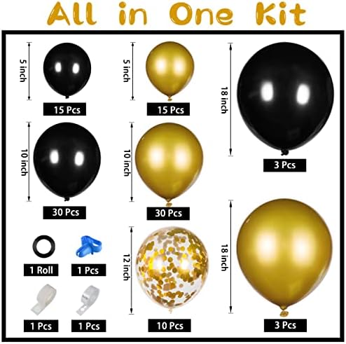 Џојпоп Црн И Златен Балон Венец Лак Комплет со 5 инчи+10 инчи+12 инчи+18 инчни Метални Златни И Црни Латекс Конфети Балони За Дипломирање
