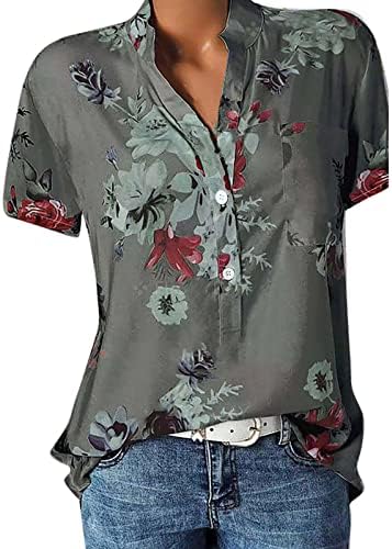 Yubnlvae летни кошули за жени со краток ракав лабав вклопување S-5xl копчиња надолу по цветниот трендовски обичен v врат врвови