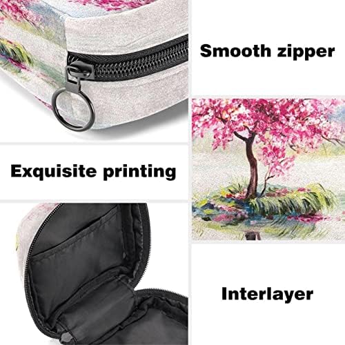 Санитарна торба за складирање на салфетки, торба за период, торба со тампон, торба за шминка, акварел розово дрво од цветниот пејзаж