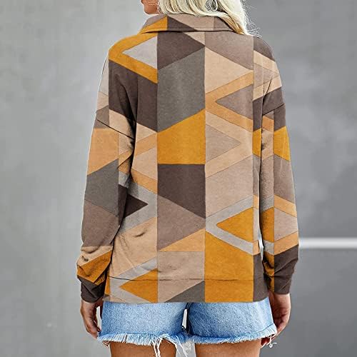 Narhbrg halенски половина поштенски џемпер нагоре со џемпер со долги ракави лапел пулвер врвови геометрија лабава обична кошула