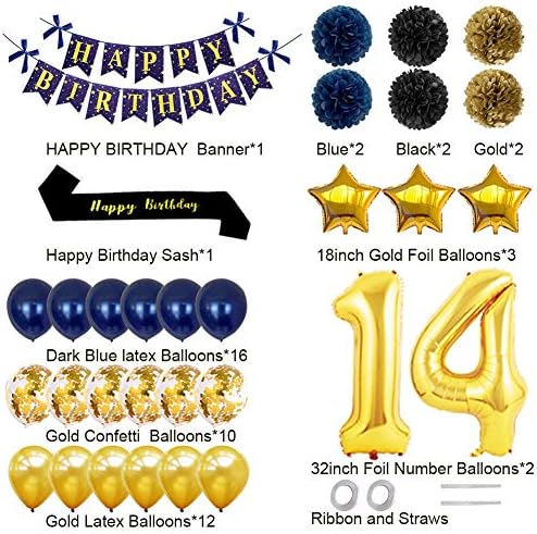 Јуџијасамо Украси За Забави ЗА 14-Ти Роденден-Среќен Роденден Банер Златен Број 14-ТИ Балони Среќен Роденден Појас Латекс И Конфети Балони Совршени