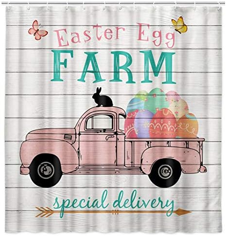 Easter Shower Curtain, Rustic Farmhouse Style Pink Truck with Colorful Easter Eggs on Wooden Bathroom Curtain,Polyester Fabric Funny Rabbit for Kids Bathroom Decorations,70in