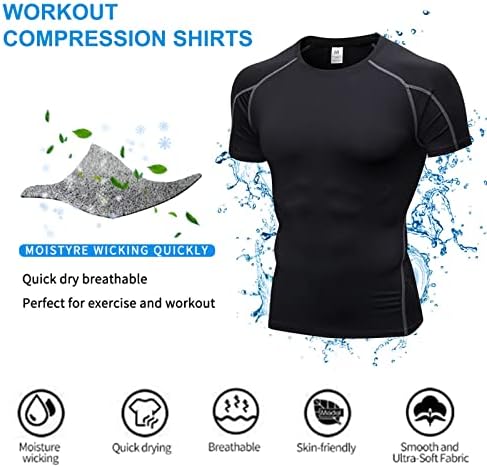 3 пакувања кошули за машка атлетска компресија со кратки ракави тренингот маица Топ ладно сув спортски базлејкер што работи под подмачкување