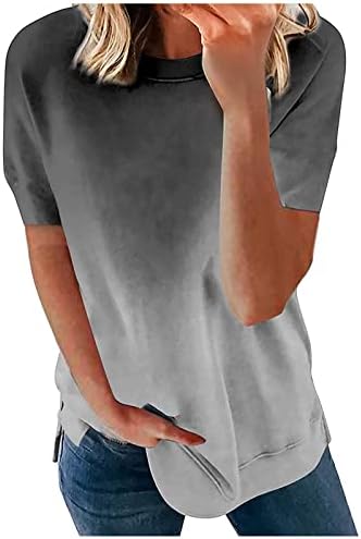 Женски летни врвови со кратки ракави кошули на вратот на екипажот трендовски градиентен маица во боја 2023 случајна основна лабава