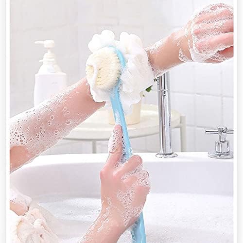 Четка за тело за туширање со влакната и loofah, 2 во 1 долга ракувана со грб Влажна или сув четки за двојна странична бања за мажи и жени Масажа