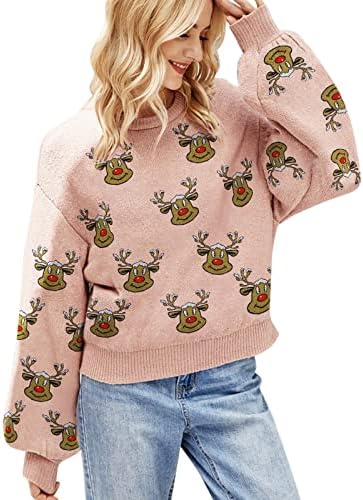 Грд божиќен џемпер за жени Симпатична шема на Дедо Мраз Клаус плетен долг ракав горниот трепки чипка лесен пуловер 2022