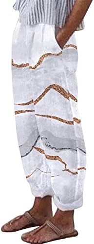 Мекнеог геометриски женски фустан Капс лесен постелнина за жени широки нозе капри панталони 2023 година со висока половината со џебови за