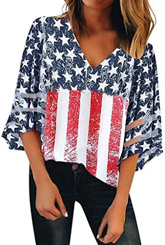 4-ти јули кошули жени Американски знаме лето кратки ракави за маици со врата од вратоврска за вратоврска за време