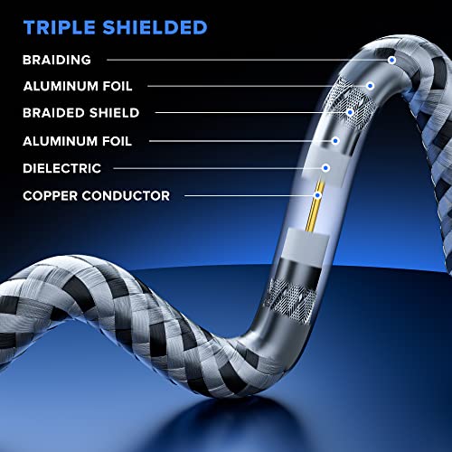 Коаксијален кабел 3 стапки, 3 пакувања, трајни најлонски плетенка црно -бела коаксијална кабелска жица, кабел RG6 Coax, троен заштитен,