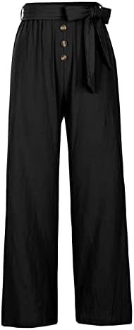 Lенски летен памук и постелнина панталони за летни панталони на половината на половината со широка нозе лабава панталони со должина на глуждот