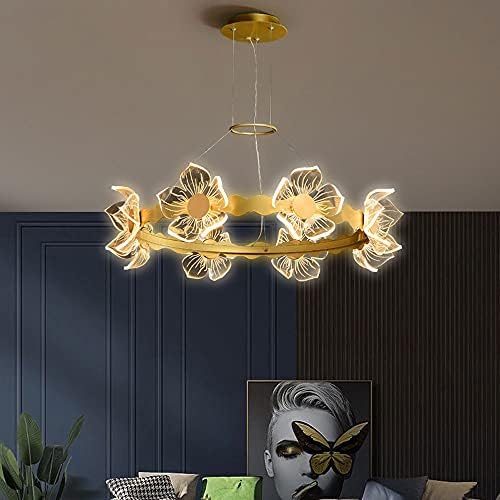 Златен метален приврзок светло LED таванот висина ламба, акрилна лабачка во форма на цвет, нордиска лустер 35W, трпезарија