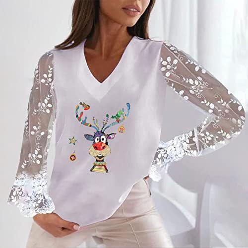Женска V врат чипка со долги ракави маица Божиќ ирваси во боја ирваси во боја пулвер врвови моден смешен празник џемпер