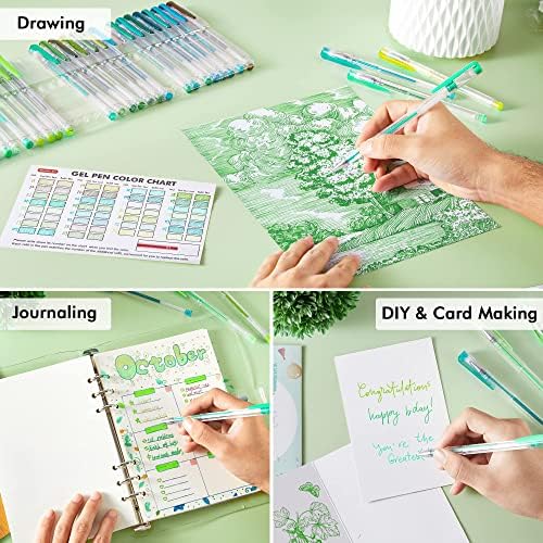Шатл уметност 60 пакет со зелени тон гел пенкала, 30 зелени тон гел пенкала со 30 полнења за возрасни за боење книги списание за цртање