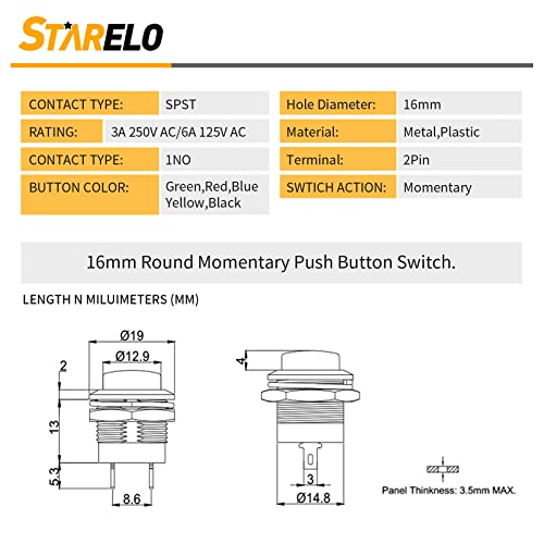 Starelo 10pcs 16 mm Тркалезен моментален прекинувач за копче за притискање SPST 3A AC250V/6A AC125V 2PIN 1NO со претходно лепени жици