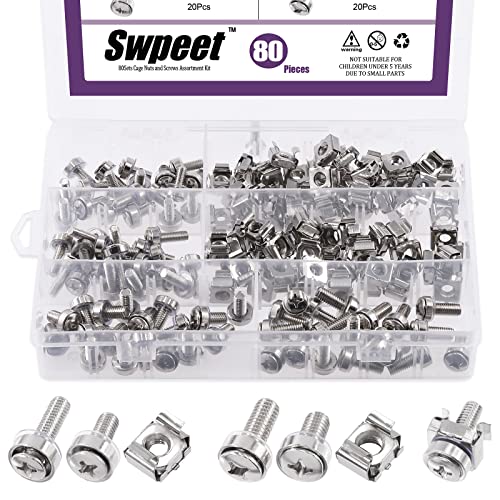 SWEPET 80PACKS 4 големини M5 M6 Silver Computer Mount Cage Nuts и завртки со комплет за асортиман на метални и пластични мијалници,