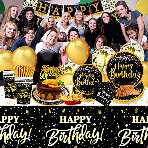 црно-златни украси за роденденски забави - Среќен Роденденски Прибор за жени и мажи, Балони,чаршав,Позадини Од Фолија,Чинии,Чаши, Фото Реквизити,
