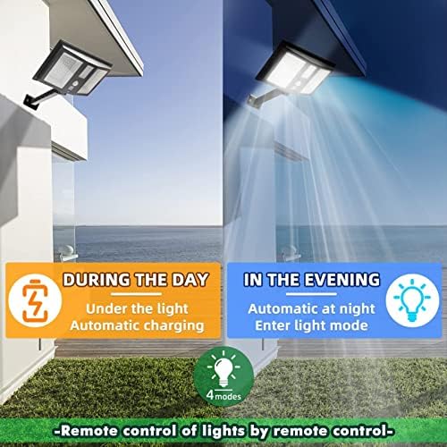 Соларни светла Duewot на отворено, 138 LEDS водоотпорни безжични соларни поплави светло со далечински управувач, светло за сензори за