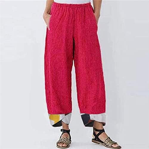 Lе женски летен памук и постелнина панталони исечени еластични широки нозе лабава панталони со џебови
