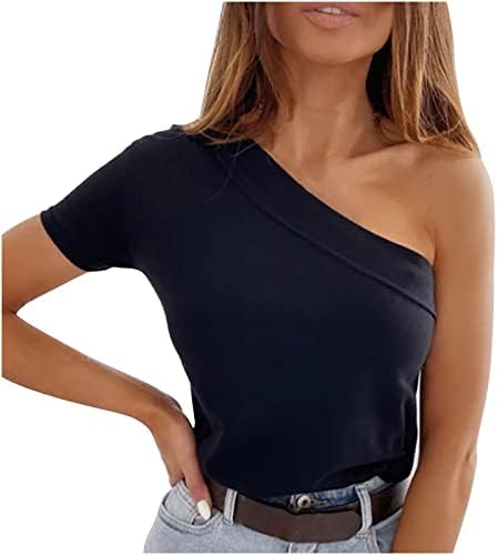 Маици за жени кои се трендовски на рамото кратки ракави врвови лето облечена цврста кошула обична тенок фит туника маички блуза