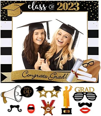 Popgiftu 2023 Дипломирање Фото реквизити сет, црна и златна сјај, голема големина на дипломирање Фото штанд, класа од 2023 година за дипломирање