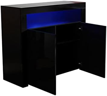 Дневна соба за складирање на странична табла црн висок сјај со LED светло, модерна кујна единица шкафови вклучена дрвена складирање на кабинет
