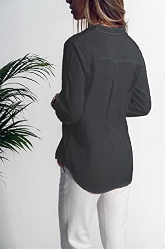Angенска женска обична кошула со лапчиња V врат со долг ракав лабава лежерна со џебови предно копче блуза