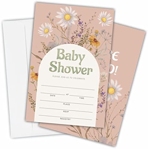 Покани За Туширање За Бебиња ГОКСИН-Ретро Дејзи, Цветни - 25 Двострани Картички За Покани Со Пликови-Туш За Бебиња,Откривање На Полот,Соопштение