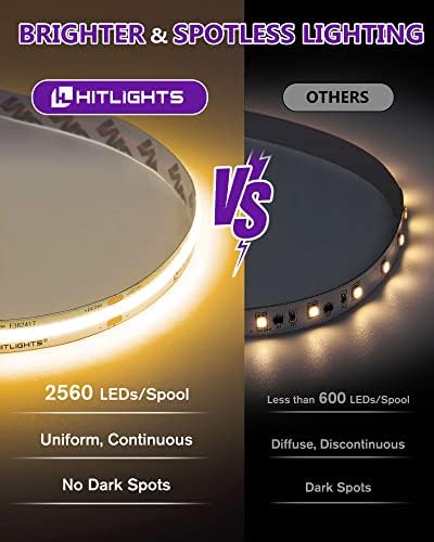 HitLights COB LED Лента Светла Топло Бело, 16.4 стапки Премиум Висока Густина Лента Светлина 3000K СО 24V 60W LED Dimmable Driver