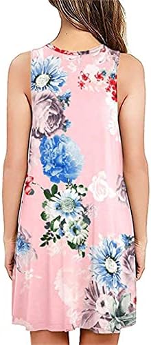 Lutmanенски цветни печати летни слатки фустани околу деколте без ракави, а-линија, обичен лабав проток за замав мини фустан