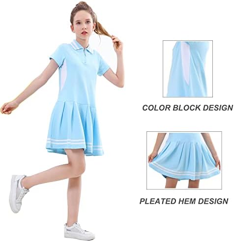 Егрус девојки тениски фустан голф облека за кратки ракави облеки Поло патент спортови плетени фустани со џебови од шорцеви