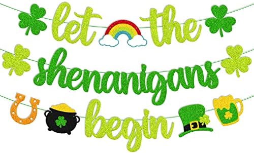 Сент Патрик Ден Банер нека shenanigans започнете со банер ирски ден за декорација на декорација сјај зелена зелена три лисја детелина