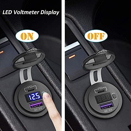 [ 2 +1 Pack] USB C Car Charger Socket, Qidoe 48W Dual PD USB-C & QC 3.0 USB Outlet with LED Voltmeter and ON/Off Switch Fast Car