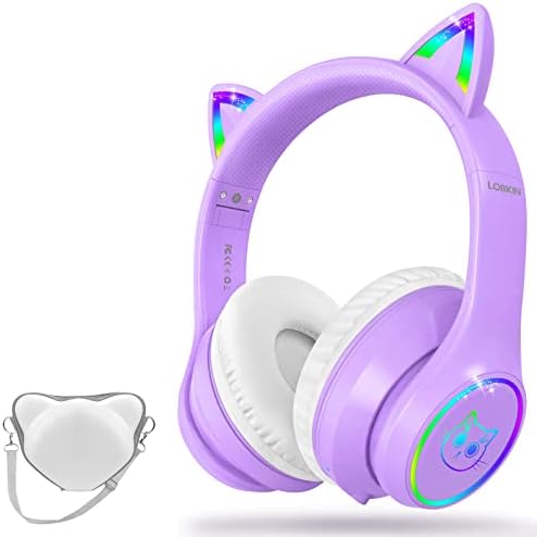 Лобкин Bluetooth 5.3 Детски слушалки со торба - RGB LED осветлуваат уши за мачки за преклопување прилагодлива на слушалките