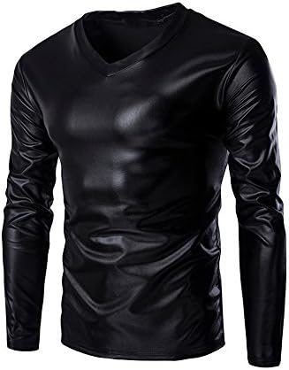 Венкомг1 Менс металик кошула, матурска екипа на блуза Сјајна рефлексивна диско кошула со долг ракав тенок вклопен врв