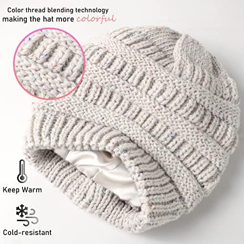 Зимски сатен наредени капи на грав за жени Топло преголема слабо плетена череп капа со сатенска свилена обвивка за природна коса
