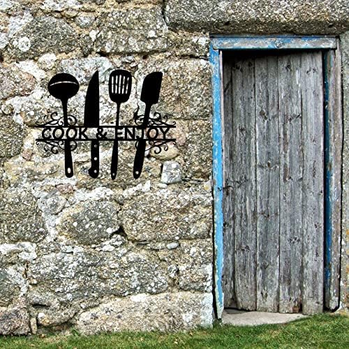 Na Cook & Уживајте во метални кујнски знаци црна нож вилушка лажица знак кујна уметност wallид декор за домашна трпезарија ресторан