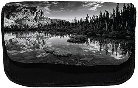 Необичен случај на молив за природа, планински езеро Крик борови, торба со молив со ткаенини со двоен патент, 8,5 x 5,5, црно -бело