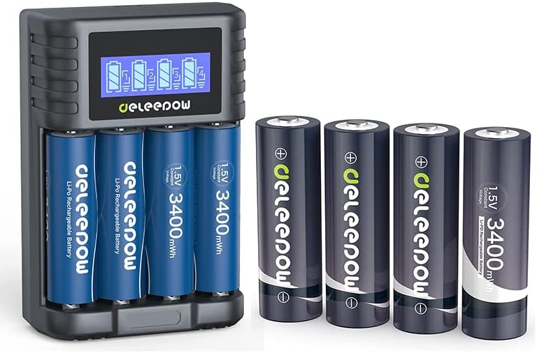 Deleepow 1.5V полнење AA батерии 3400MWh Rechargeale Lithium AA Батерии 8 брои со LCD паметен полнач 1500 циклус