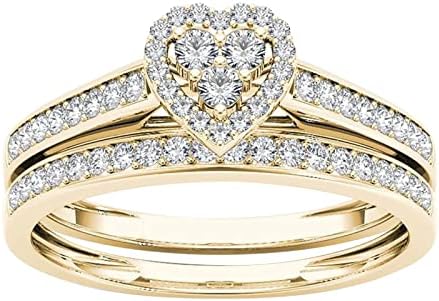 Жолто злато позлатено тркалезно исечено кубни цирконија двојно невестински прстен постави годишнини за венчаници за жени