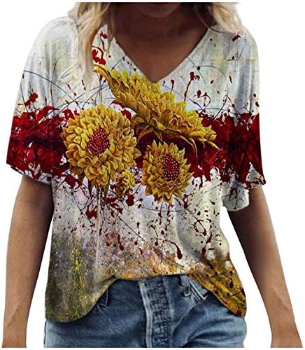 Летна маица за жени за жени Модна вратоврска боја цветни печатени блузи V вратот со кратки ракави за кратки ракави