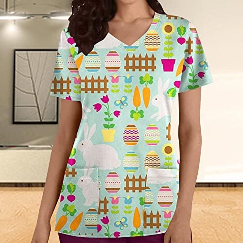 Womenенски Велигденски работен униформа мода зајак јајца за печатење маички со џебови со џебови со кратки ракави со кратки ракави