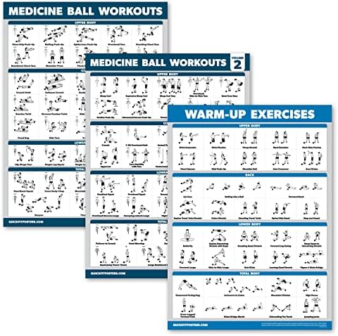 3 Пакет - Медицина Топката Вежби Волумен 1 &засилувач; 2 + Загрева Вежба Постер Сет - Фитнес Графикони