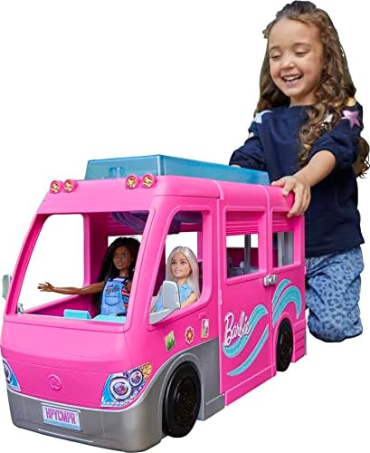 Барби Кампер Плејсет, Дримкампер Играчка Возило со 60 Додатоци, Вклучувајќи Мебел, Базен и 30-Инчен Слајд