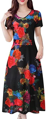 Kulywon жени макси фустан летен краток ракав 3Д графички долг фустан цветниот принт високо половината обичен фустан