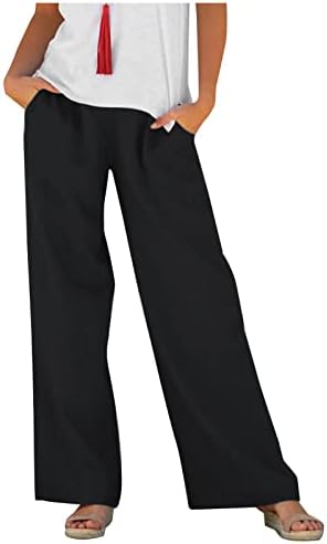 Женски широки панталони за нозе памучни постелнини права панталони со нозе џеб лабава еластична висока половината јога џемпери домашни